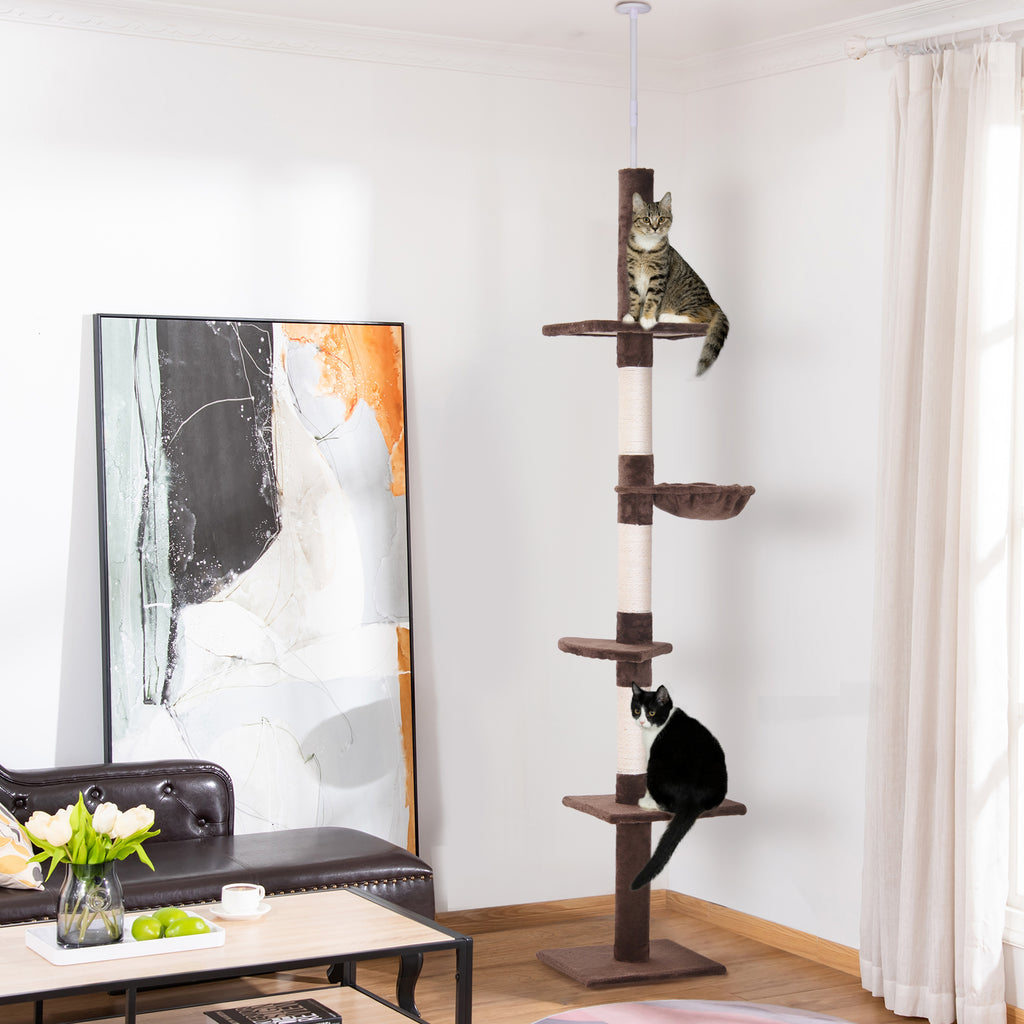 Floor to Ceiling Cat Tree 230-260cm Height Adjustable, 5-Tier Cat Tower with Scratching Posts, Hammock, Perches, Climbing Activity Centre for Indoor Kittens Playing and Relaxing, Brown