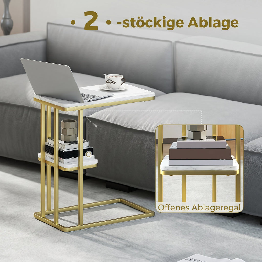 C-Shaped Narrow Side Table, 2-Tier Slim End Table, Nightstand for Small Spaces, Living Room, Bedroom, White Marble Grain
