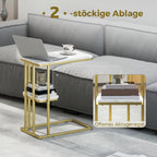 C-Shaped Narrow Side Table, 2-Tier Slim End Table, Nightstand for Small Spaces, Living Room, Bedroom, White Marble Grain