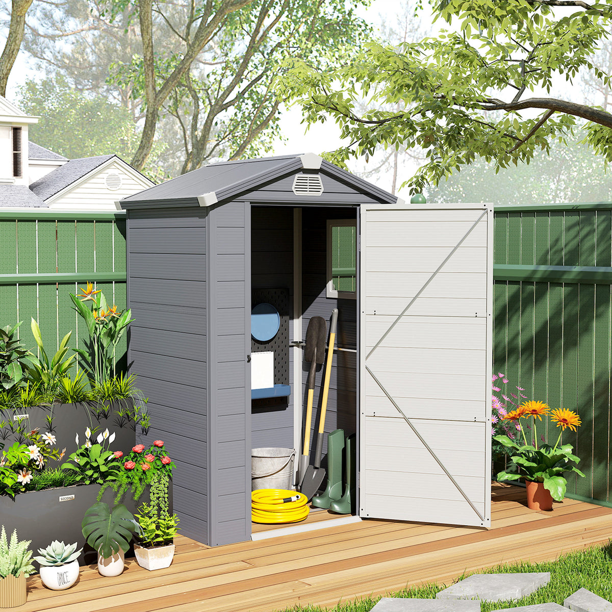 4.4ft x 3.3ft size Aluminium Frame and Plastic Wall Shed, with Foundation - Grey