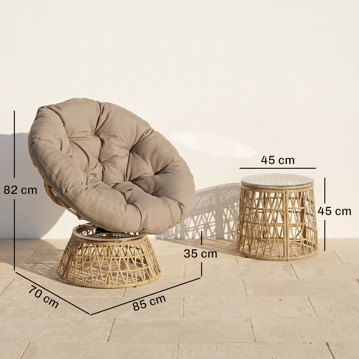 Bistro-Set Balkon-Set Terrassenset, wetterbeständig, abnehmbare Polster, 85 cm x 70 cm x 82 cm, Natur +Hellbraun