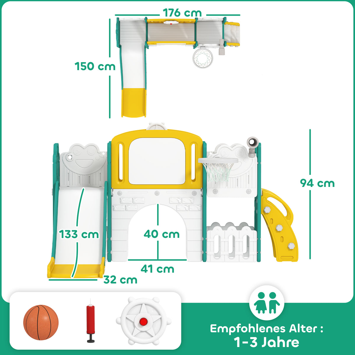 7-in-1 Rutschenset f¨¹r Kleinkinder, Basketballkorb, Froschdesign, Kletterger¨¹st, Schaukelsitz, f¨¹r drinnen und drau?en, Gelb+Gr¨¹n