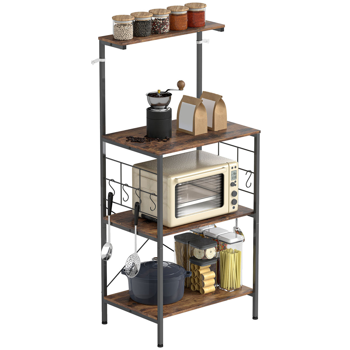 K¨¹chenregal, 4-stufiges Design, Arbeitsplatte, 8 Haken, Metallrohre, Braun+Schwarz