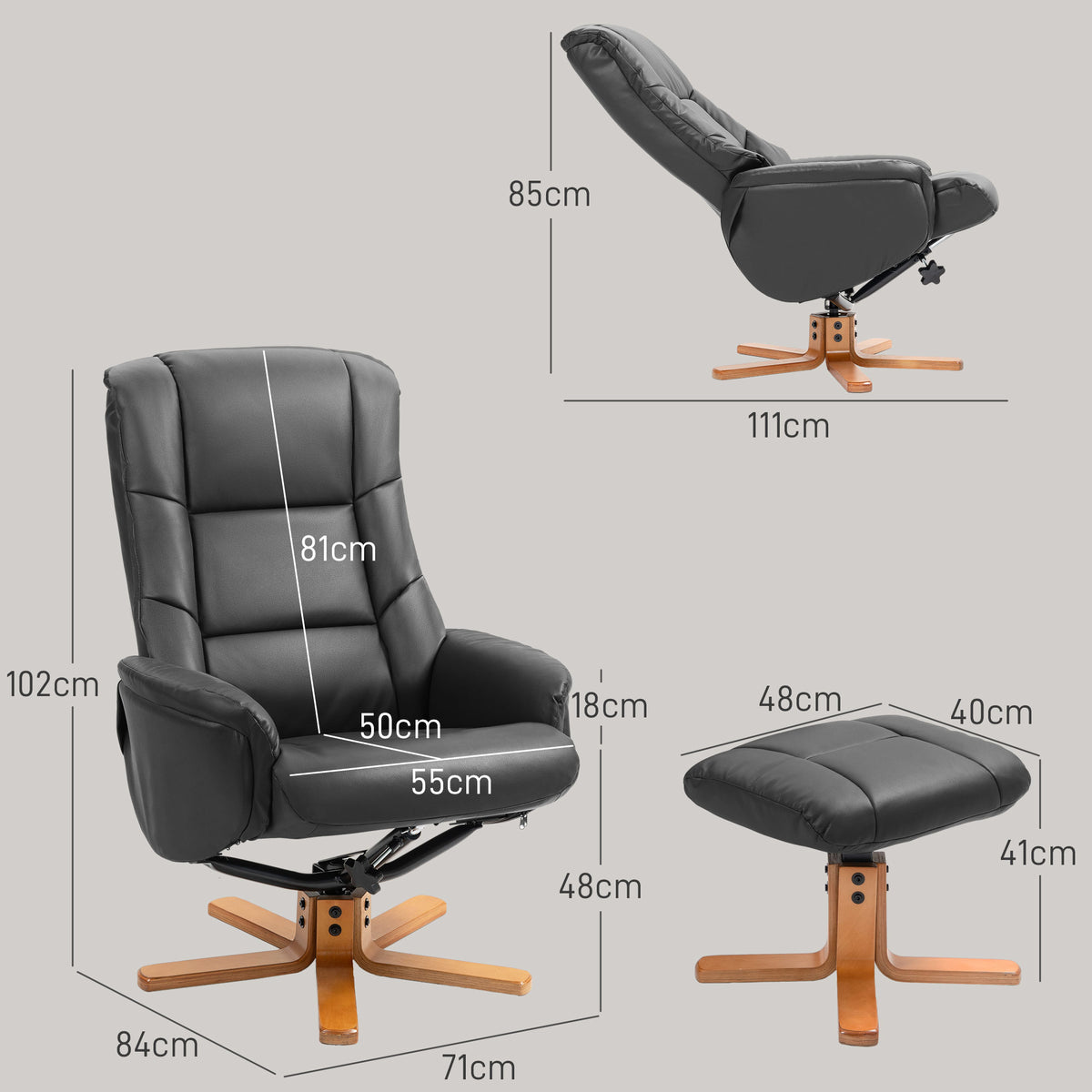 Relaxsessel mit Hocker, Liegefunktion, Kunstlederbezug, bis 150 kg, 71 x 84 x 102 cm, Schwarz
