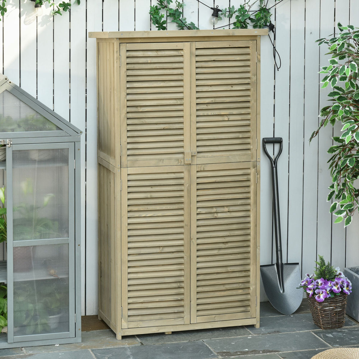 87 x 47 x 160cm Wooden Garden Storage Shed, Sheds & Outdoor Storage with Asphalt Roof & 2 Large Wood Doors with Lock, Sand Brown