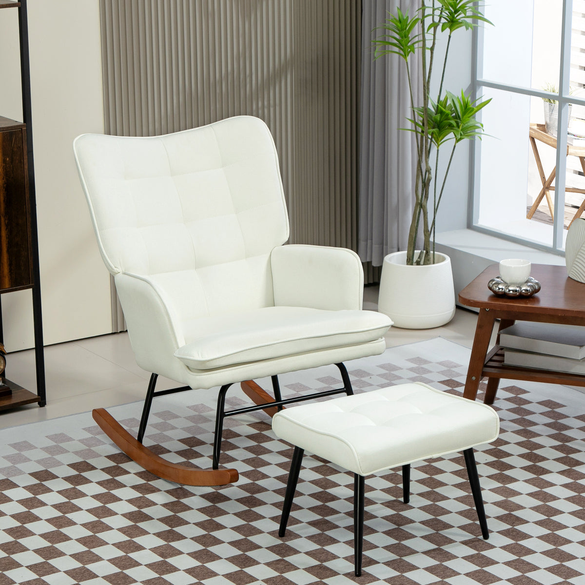 Schaukelstuhl mit Hocker, sanftes Schaukelsystem, Leinenimitat, 64 x 89 x 90 cm, Cremeweiß