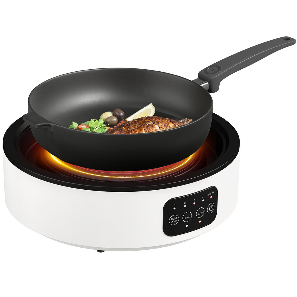 Dual-Keramikkochfeld, 2-in-1 Design, zum Kochen und Grillen, 2000W, 4 Hitzestufen, LED-Display, Fettfangschale, Weiß
