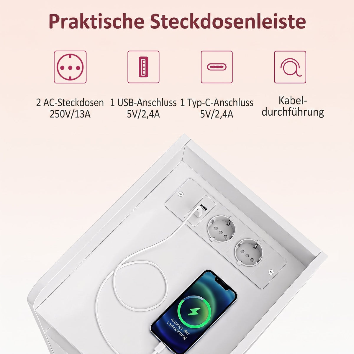 Nachttisch 2er-Set mit Ladestation, Schmaler Nachtschrank Weiß