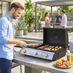 Gasgrill 7,5 KW Tragbarer Tischgrill mit 3 Brenner Seitentisch Bratenplatte Emaille-Grillroste Fettauffangschale