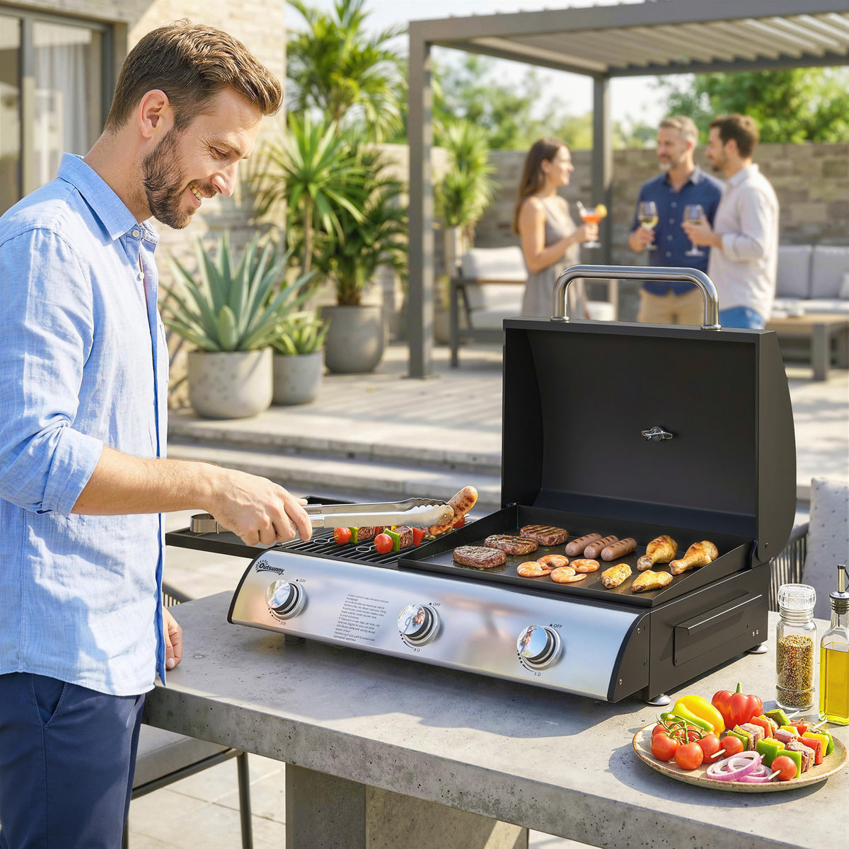 Gasgrill 7,5 KW Tragbarer Tischgrill mit 3 Brenner Seitentisch Bratenplatte Emaille-Grillroste Fettauffangschale
