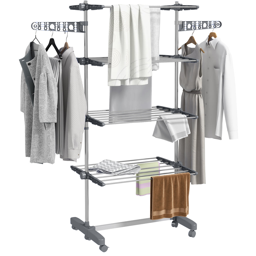 Four-Shelf Collapsing Clothes Horse, With Side Arms and Wheels - Grey