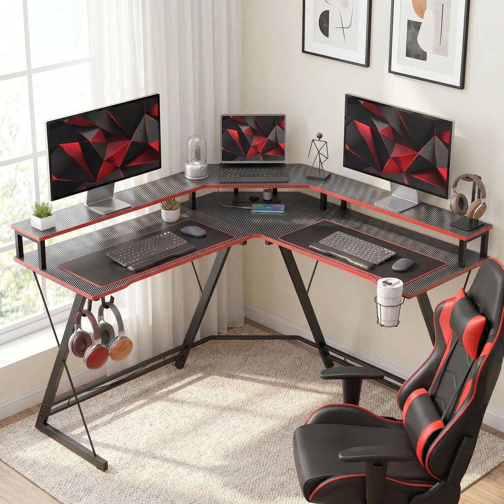 L-förmiger Computertisch mit Steckdosen, 128 cm Eckschreibtisch mit Monitorständer, Kopfhörerhaken & Getränkehalter