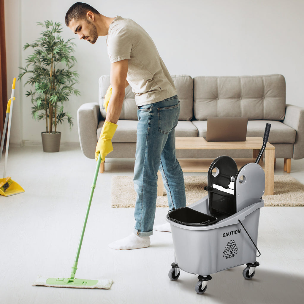 36L Mop Bucket Wringer Cart w/ Down Press Wringer, Wheels, Mop-Handle Holder, Grey