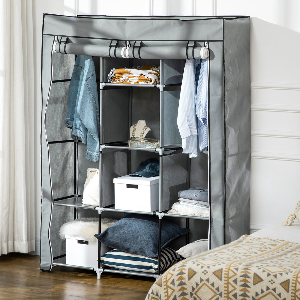 Fabric Wardrobe, with Rails and Shelves - Light Grey