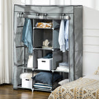 Fabric Wardrobe, with Rails and Shelves - Light Grey