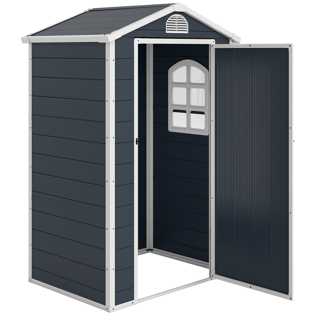 Gerätehaus 1,1m², Geräteschuppen mit Satteldach, 134 x 104 x 204 cm, Kunststoff Gartenchuppen mit Abschließbar Tür Belüftungsöffnung Fenster, Gartenhaus für Garten Dunkelgrau