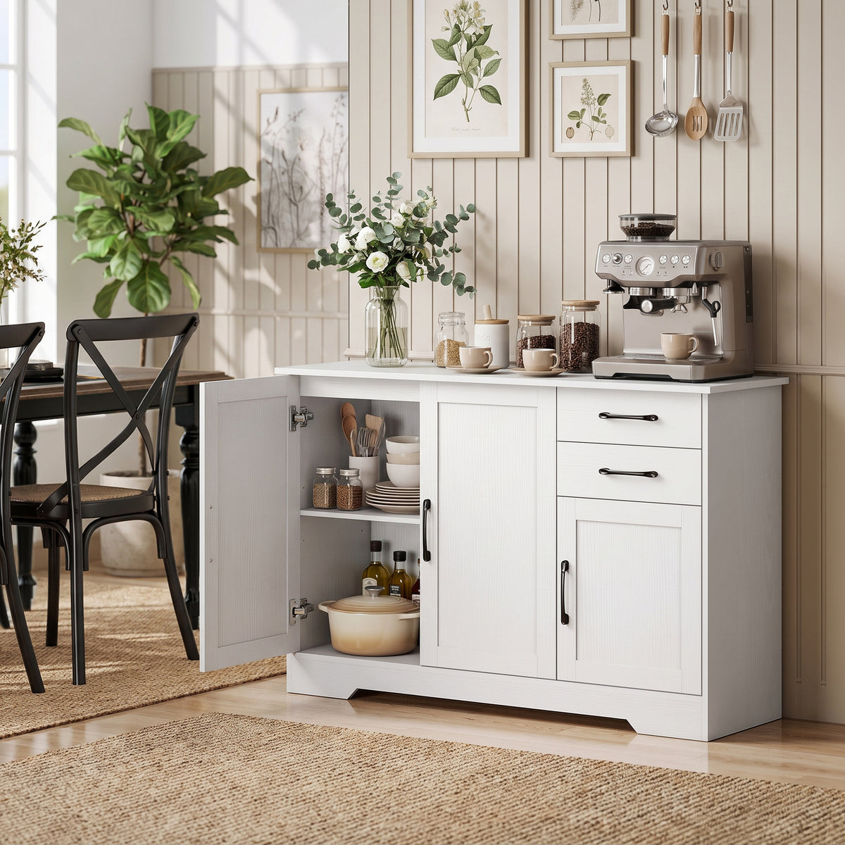 Sideboard Küchenschrank mit Soft-Close-Türen, 2 Schubladen, Weiß