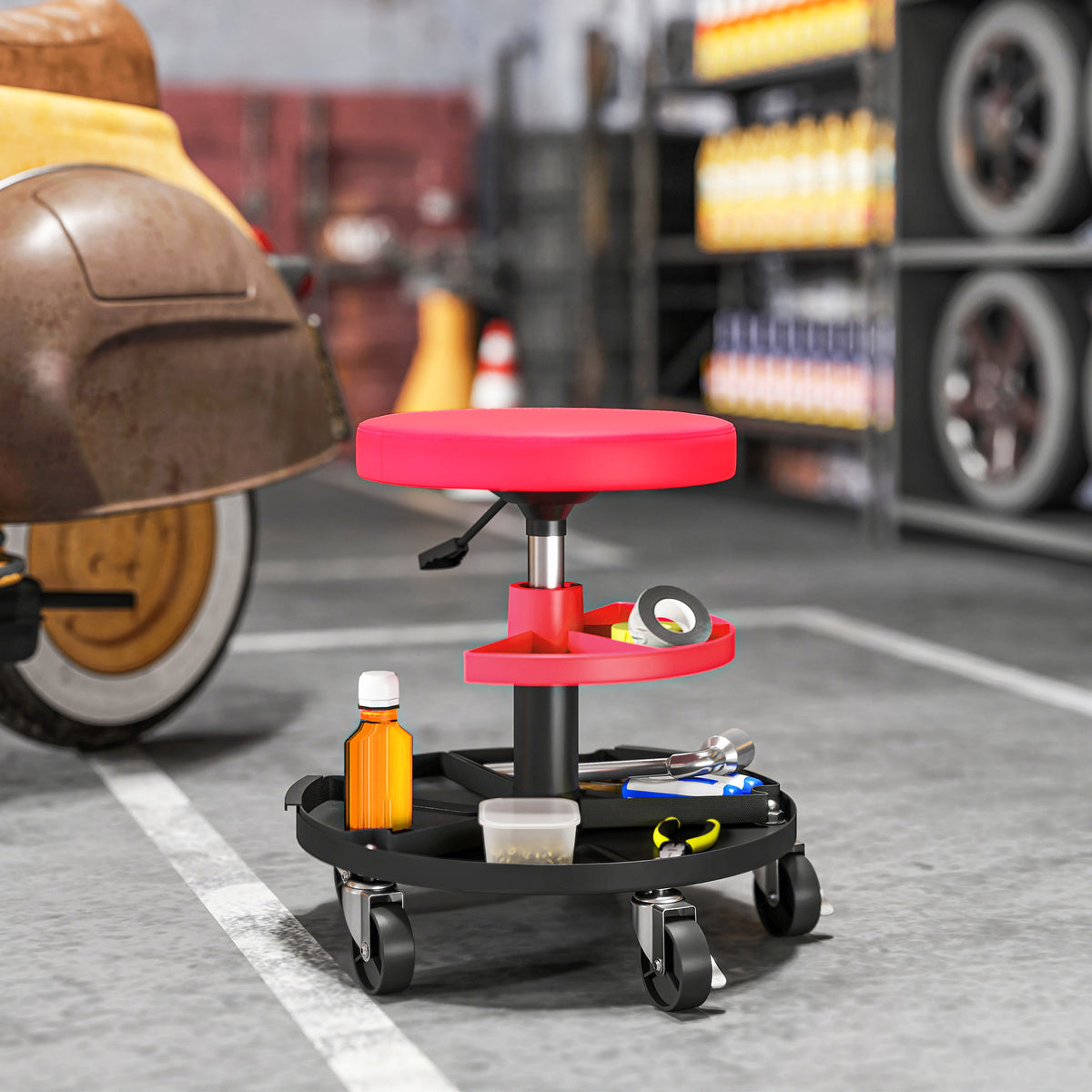Werkstatthocker mit Rollen Tabletts höhenverstellbar 40-51cm Rollhocker bis 135 kg belastbar Rot