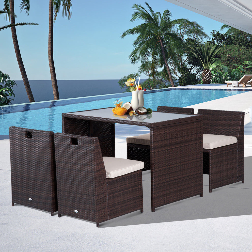  5-teiliges Polyrattan Gartenm?bel-Set, wetterfest Balkonm?bel f¨¹r 4 Personen Terrassenm?bel mit Tisch 4 St¨¹hle Kissen, Lounge-Set Essgruppe Sitzgruppe f¨¹r Balkon, Garten, Braun+Khaki