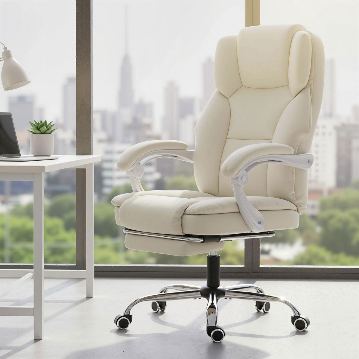 Bürostuhl mit Liegefunktion, Schreibtischstuhl, höhenverstellbar Drehstuhl mit Fußstütze, 64 x 73 x 120 cm, Beige