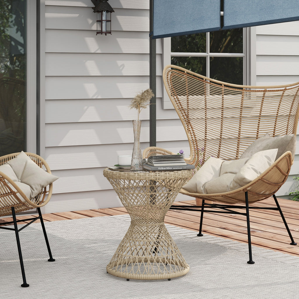 Couchtisch Beistelltisch Boho-Design, Glasplatte, PE-Rattan, 45 cm x 45 cm x 52 cm, Natur
