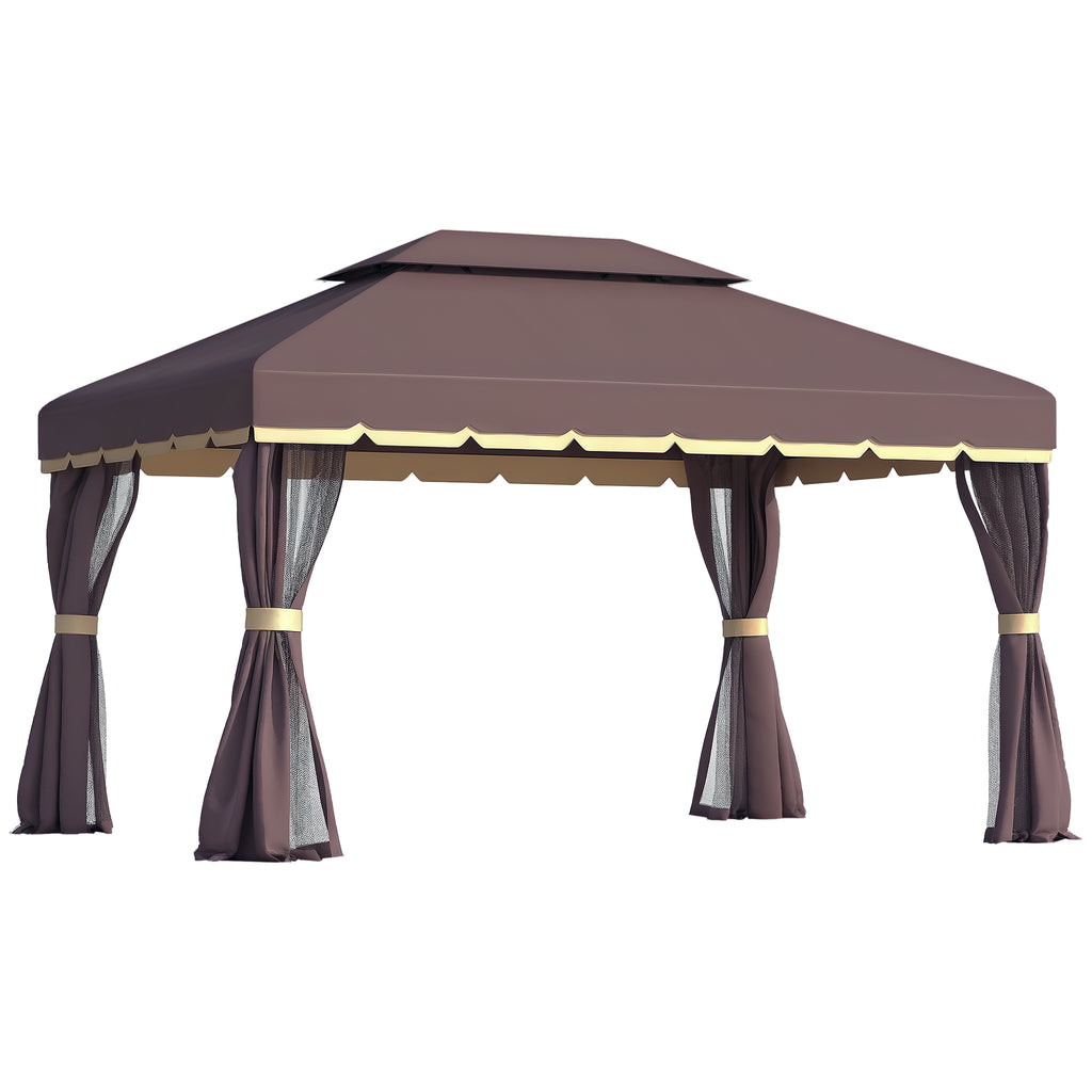  3 x 4m Aluminium Garden Gazebo, Marquee Canopy Shelter Pavilion Party Tent with Nets and Curtains for Garden and Deck, Coffee