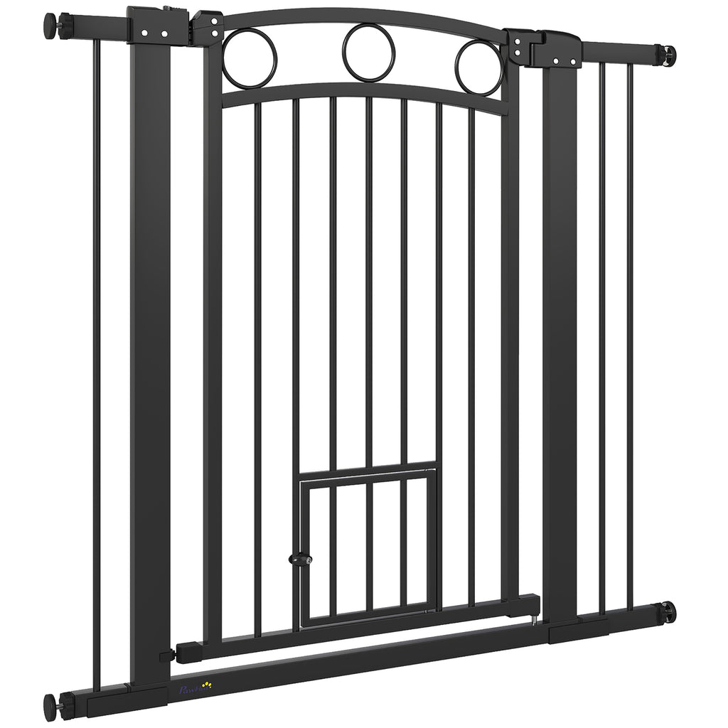 Haustiertor, 96 cm Treppengatter, verstellbare Breite 76-104 cm, mit Katzentür, für Treppen und Türöffnungen, Schwarz