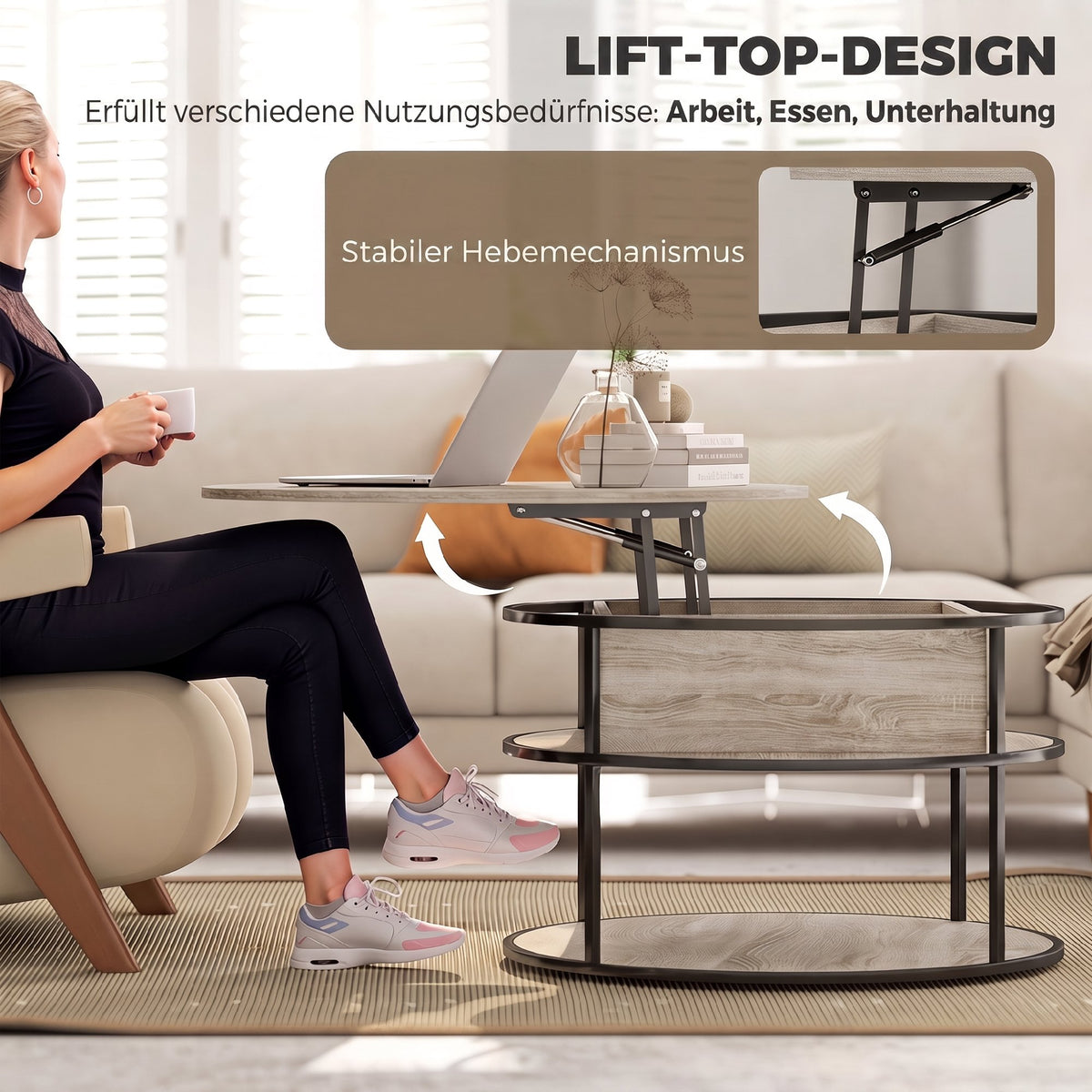 Runder Kaffeetisch mit anhebbarer Tischplatte, Stauraum, seitliche Regale, Stahlrahmen, Couchtisch, Eiche