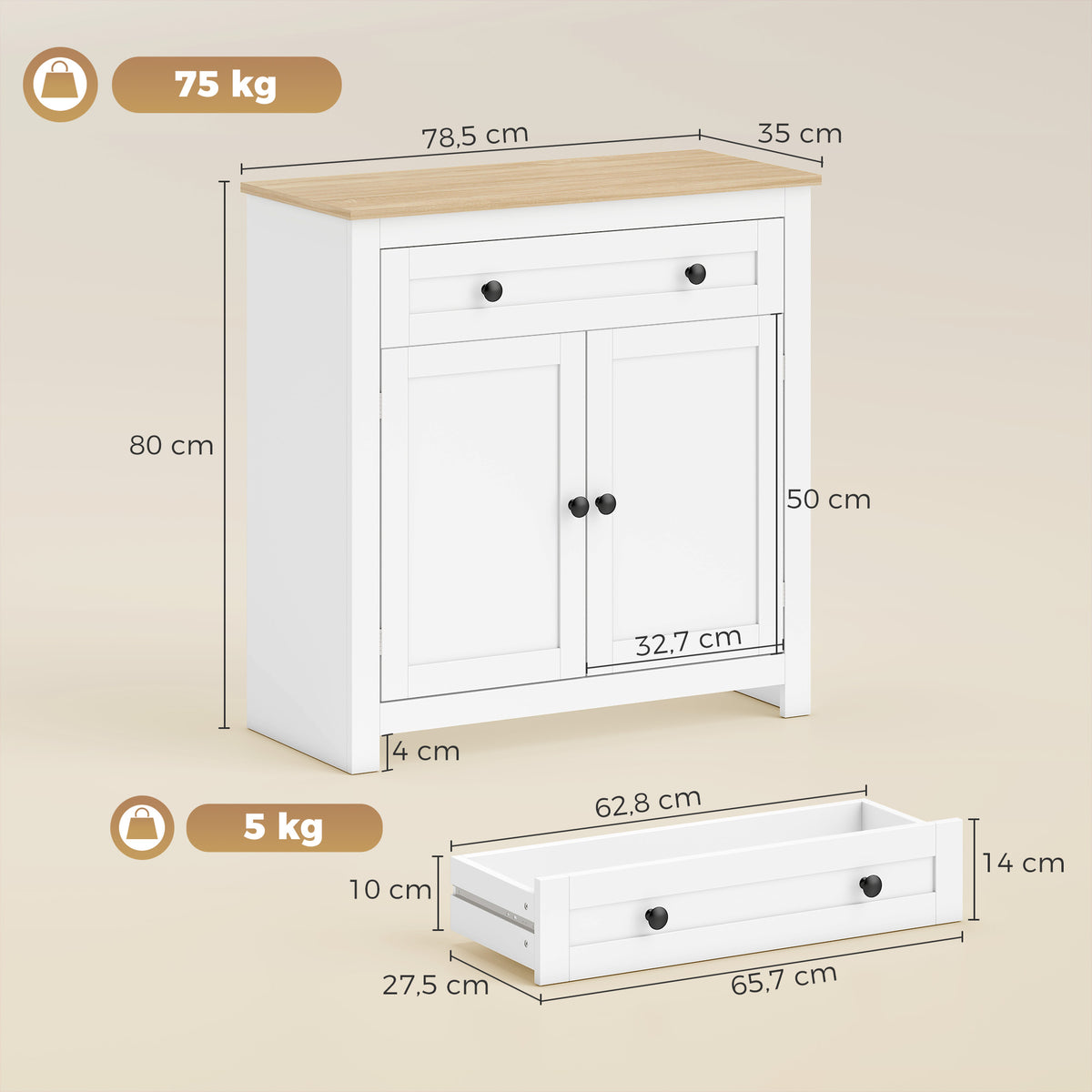 Sideboard Küchenschrank mit Schublade, Doppeltür, Verstellbarer Einlegeboden, für Wohnzimmer, 78,5 x 35 x 80 cm Weiß