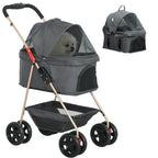 PawH 3-in-1 Pet Stroller, Folding Four-Wheel Dog Pram with Detachable Carrier for Mini Dogs, Cats, Grey