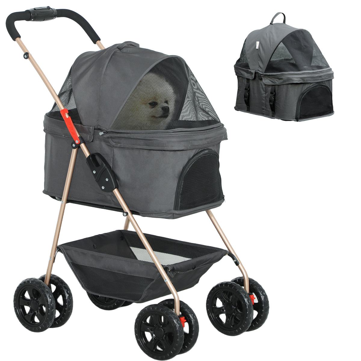 PawH 3-in-1 Pet Stroller, Folding Four-Wheel Dog Pram with Detachable Carrier for Mini Dogs, Cats, Grey
