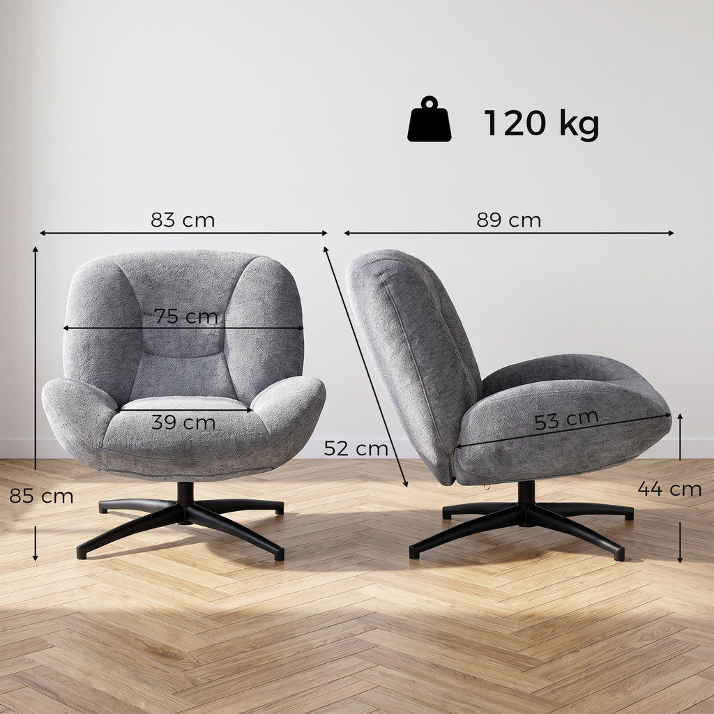 Sessel Wohnzimmer Drehbar Loungesessel mit Breiter Sitzfläche, Integrierter Armlehne, Chenille-Optik, Dunkelgrau