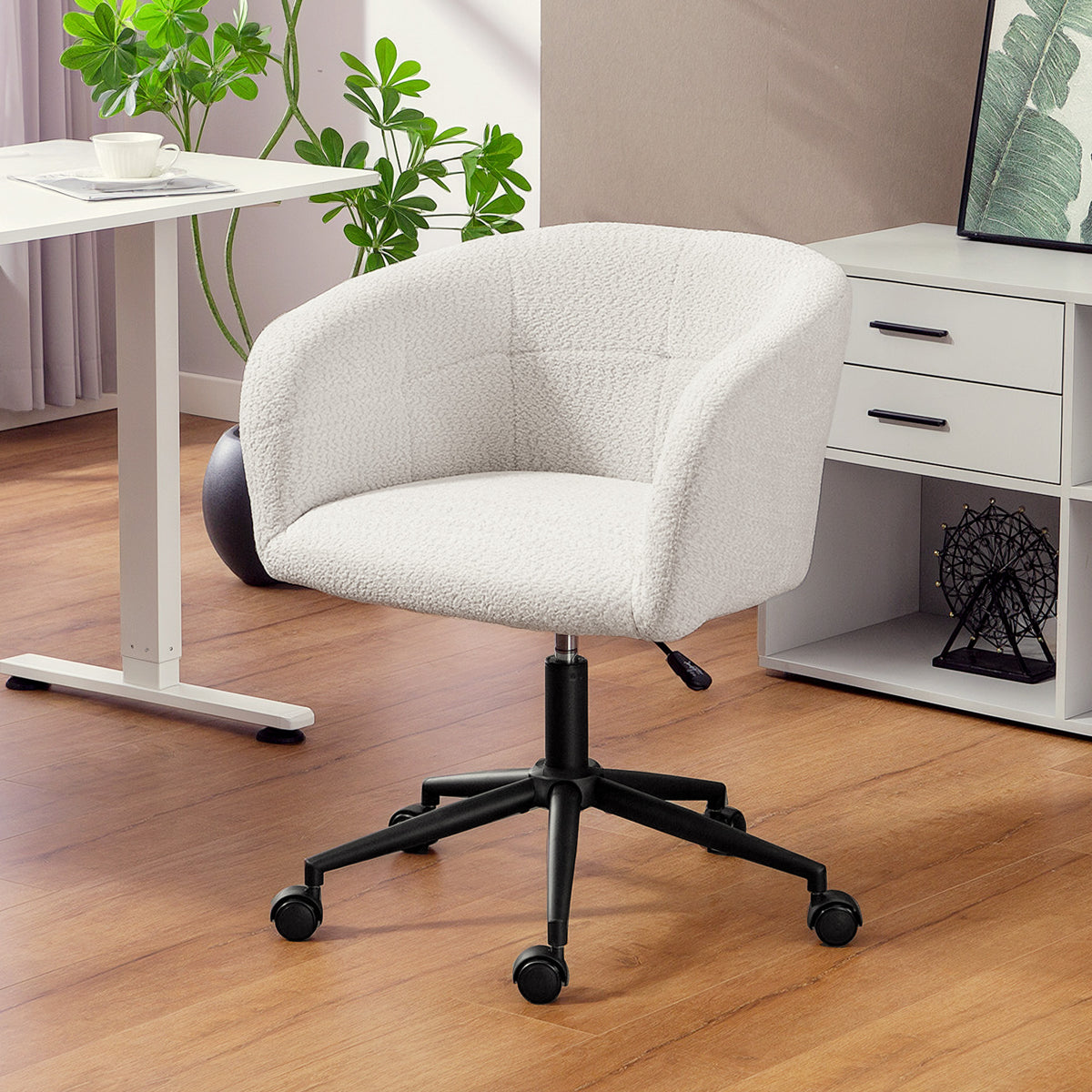 Gepolsterter B¨¹rostuhl mit Pl¨¹schbezug, Wannen-Design, rollbarer Schreibtischstuhl, Stahlbasis, Creme+Schwarz