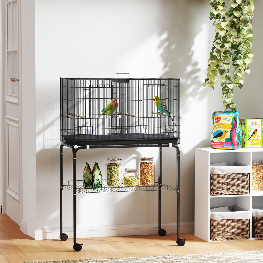 Bird Cage with Divider, 4 Wooden Perches, Slide Out Tray, 4 Feeders, for Budgie, Lovebird, Canary, 76 x 46 x 116cm Black
