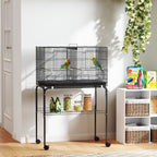 Bird Cage with Divider, 4 Wooden Perches, Slide Out Tray, 4 Feeders, for Budgie, Lovebird, Canary, 76 x 46 x 116cm Black
