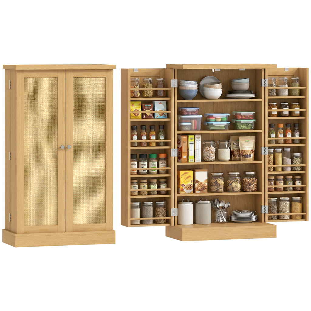 104 cm Rattan-Küchenschrank mit 5-stufigem Regal, 12 Gewürzfächern und verstellbaren Böden, Natur