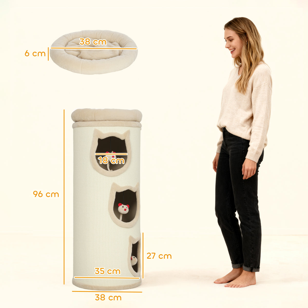 Katzenkratzfass, 96 cm, 4-Ebenen-Katzenturm mit waschbarem Bett, 3 Schlafhöhlen, Hängespielzeug, für mehrere Katzen Grau