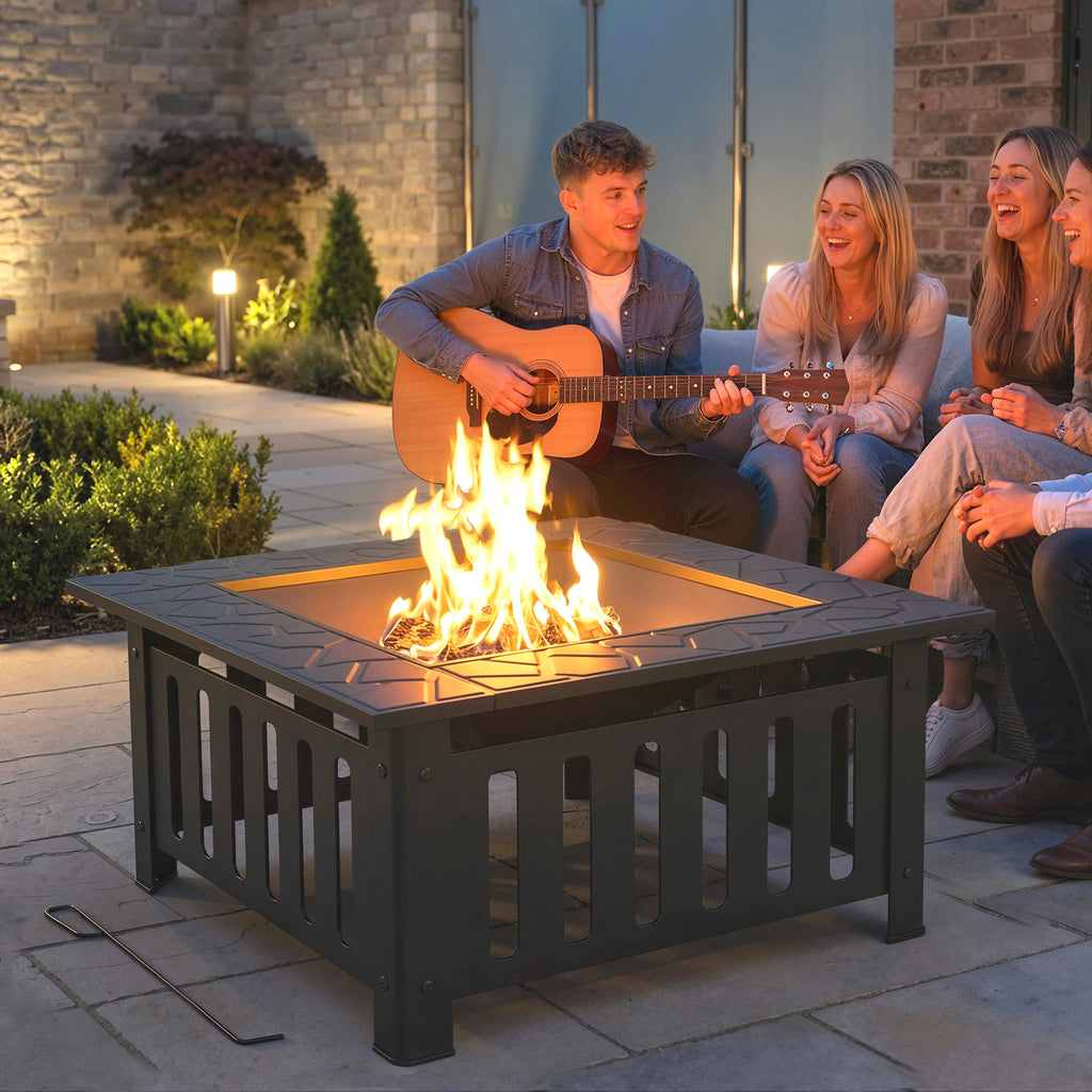 Feuerschale aus Stahl Feuerstelle mit Funkenschutz Schürhaken für Outdoor BBQ Camping 67x67x47cm Schwarz