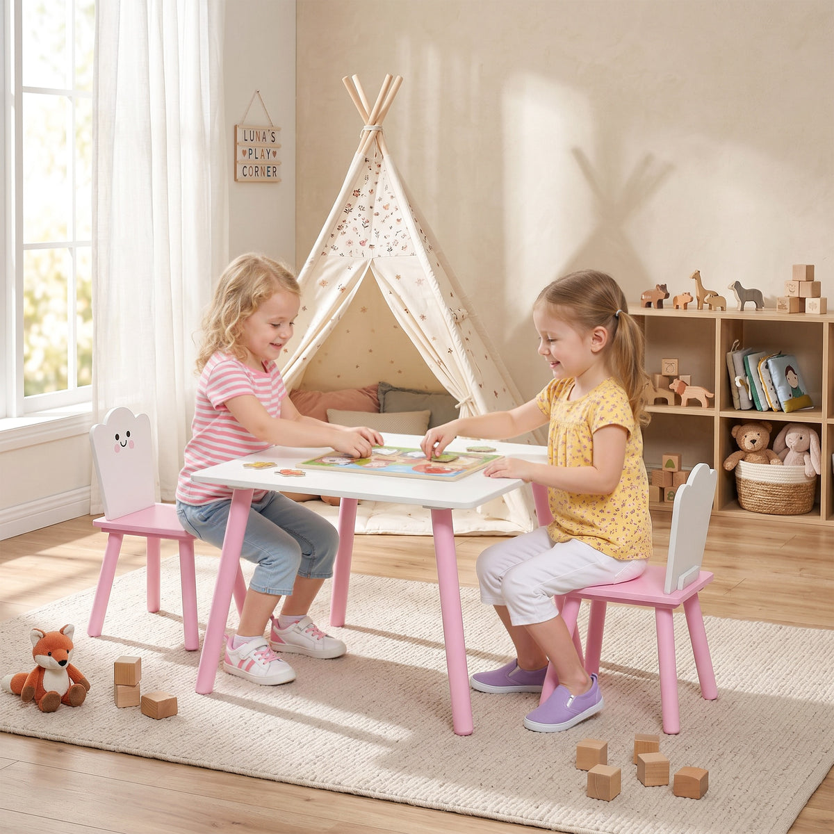 Kindertisch und Stuhl Set 3-teilig, 1 Tisch 2 Stühle, Rosa und Weiß