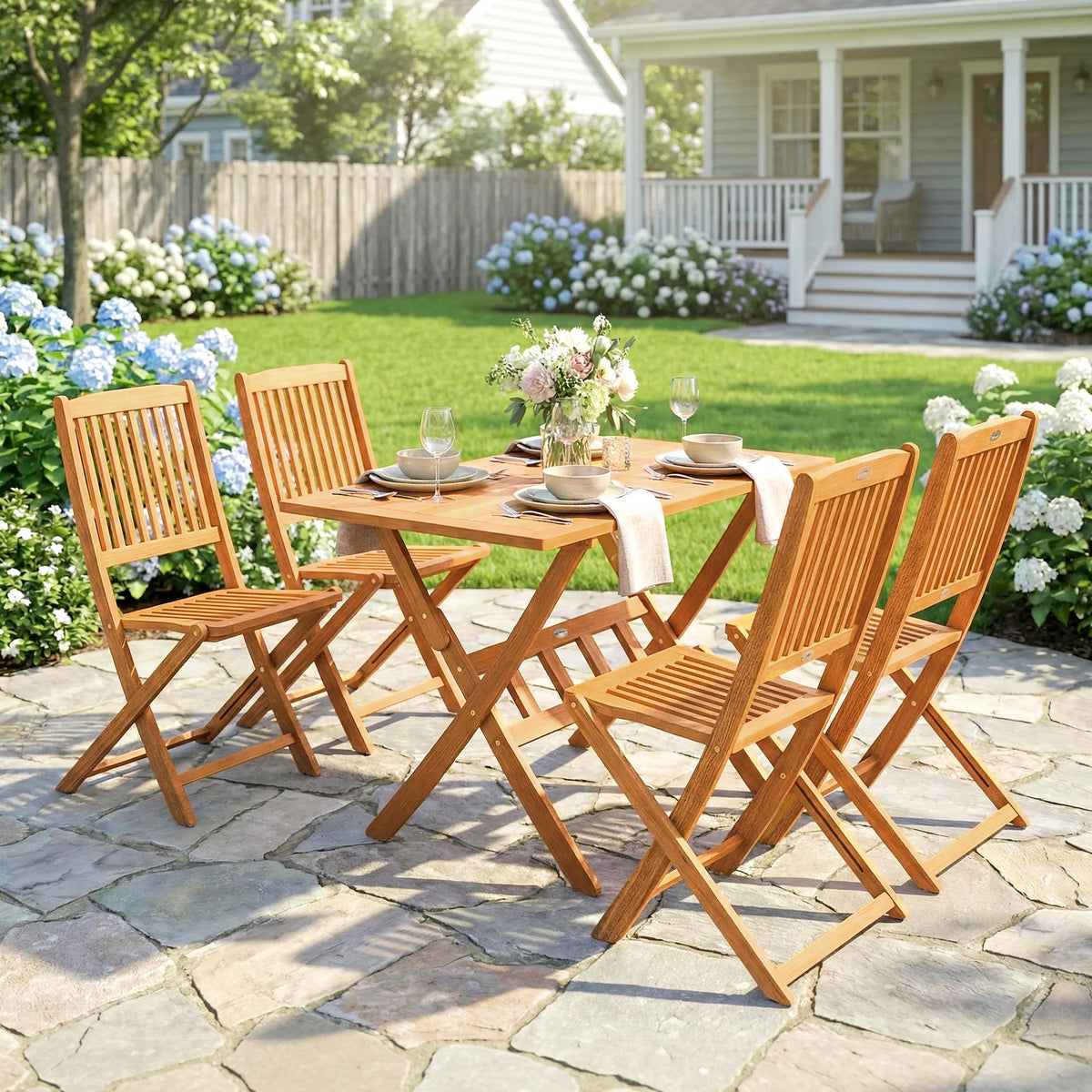 Gartenmöbel Set Akazienholz Sitzgruppe 5-teilig Klappbar Tisch mit 4 Klappstühlen Lamellendesign