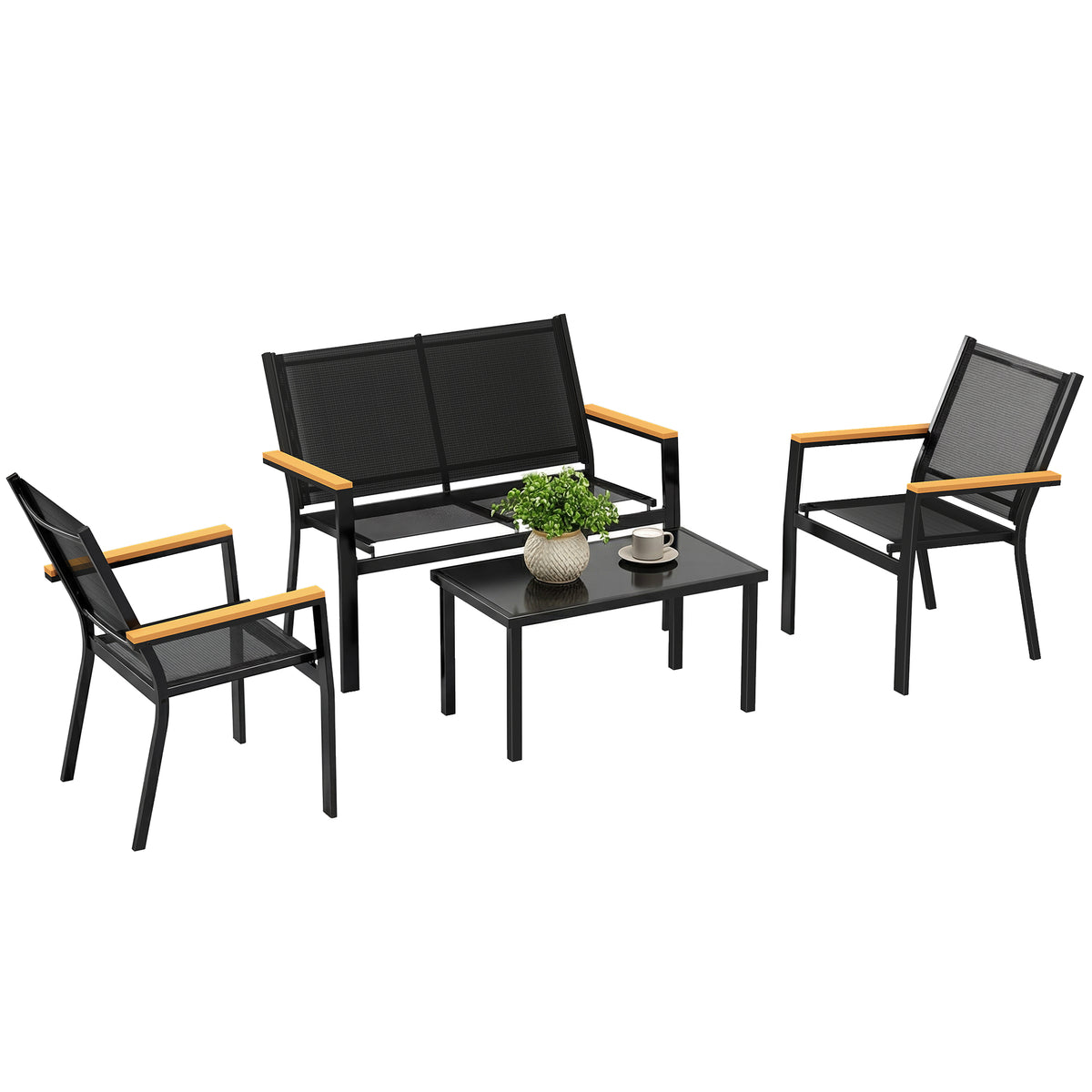 Outdoor Sofa 4 Seater Garden Sofa Set with Loveseat 2 Chairs and Coffee Table Black