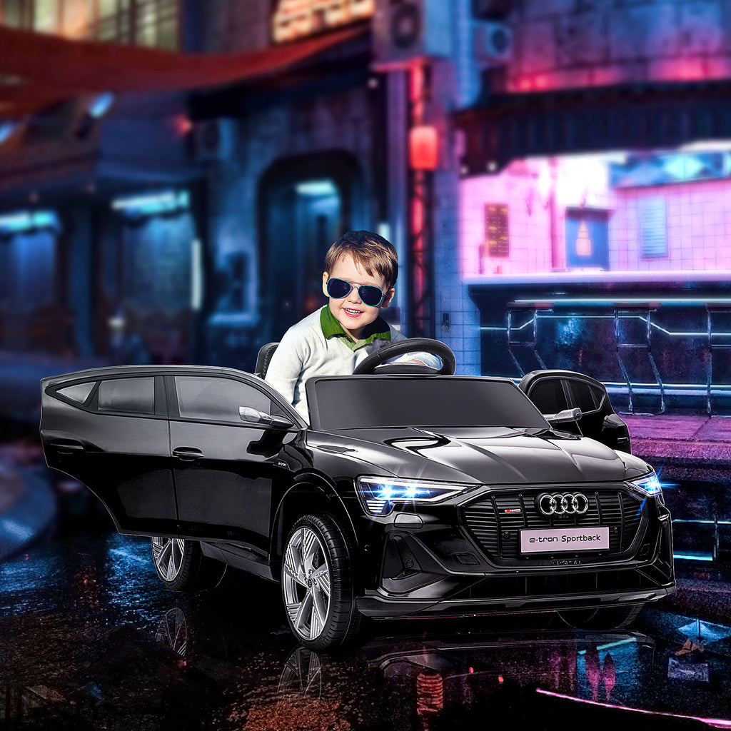 Elektro Kinderauto 12V Audi E-tron Elektrofahrzeug mit Fernbedienung, Sicherheitsgurt und Musikfunktion (MP3/USB/TF), Kinderfahrzeug für 3-5 Jahre, 3-5 km/h, Schwarz