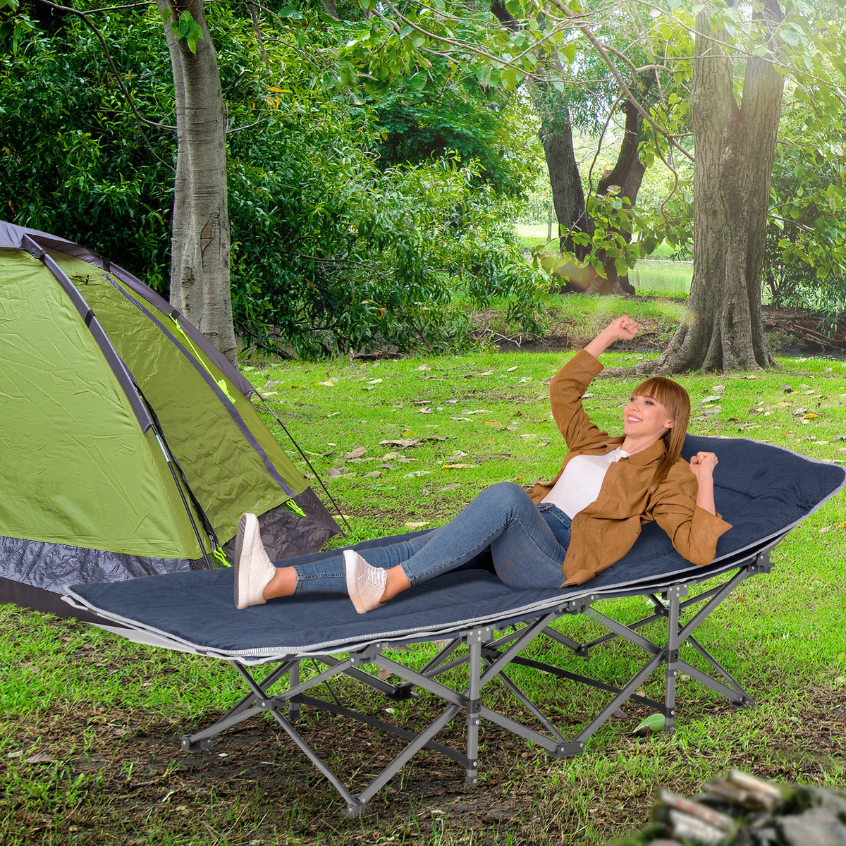 Campingbett, klappbares Feldbett mit Kopfkissen, 188 x 64,5 x 53 cm, Dunkelblau