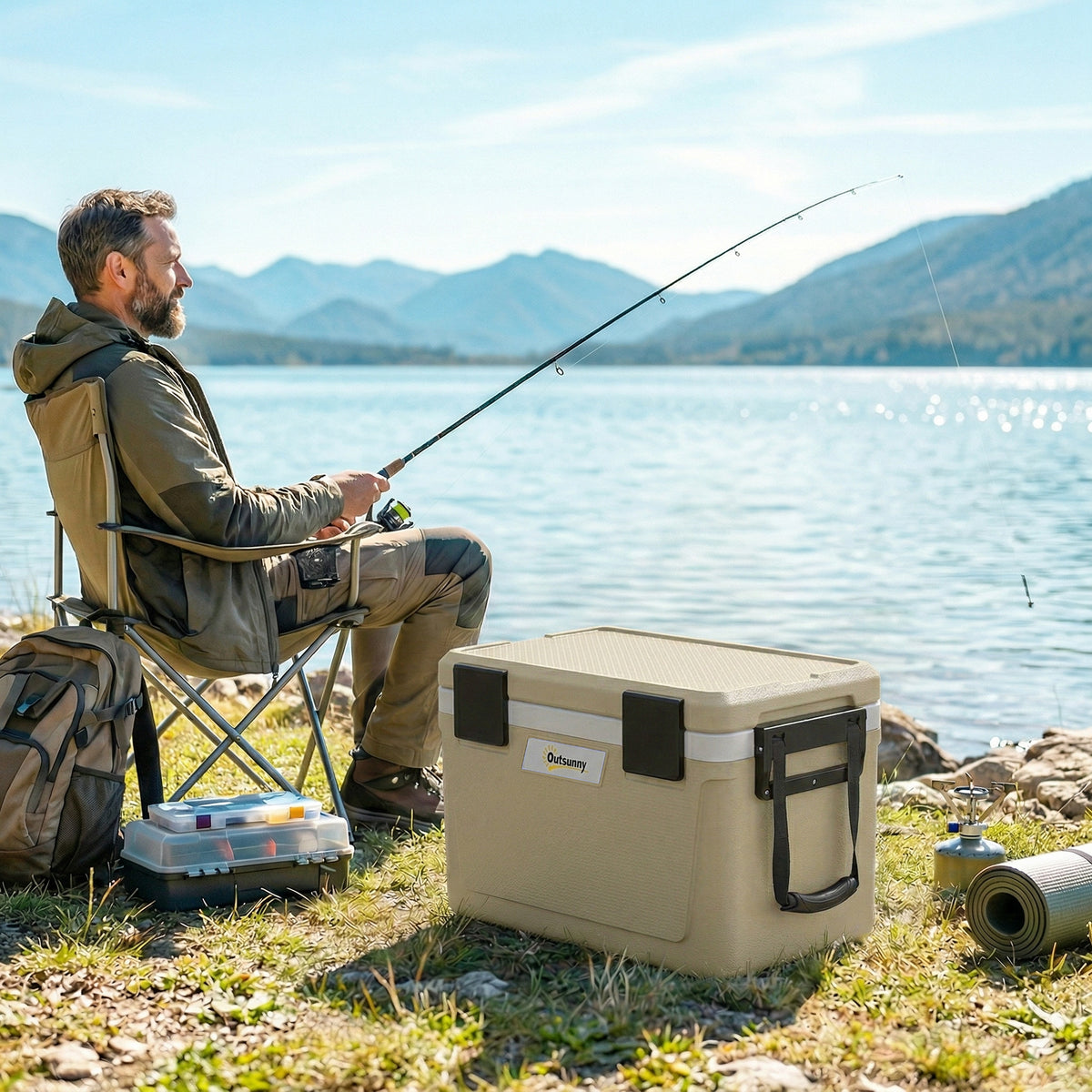 42.6L Insulated Cool Box, Lightweight Portable Ice Cooler with Handle, Lid and Drain Valve, Khaki