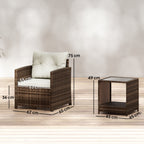 Rattan Bistroset, 3 teiliges Gartenmöbel-Set mit 2 Sessel, 2-Ebene Glastisch, abnehmbar Sitzkissen Cremeweiß