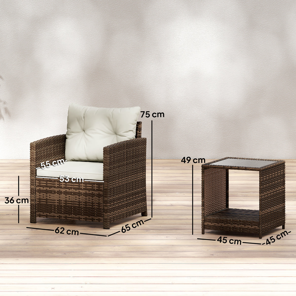 Rattan Bistroset, 3 teiliges Gartenmöbel-Set mit 2 Sessel, 2-Ebene Glastisch, abnehmbar Sitzkissen Cremeweiß