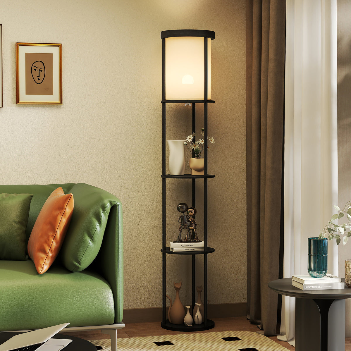 Stehlampe mit 3 Regalen, rundes Design, Fernbedienung, Fußschalter, verstellbare Lichtwärme, für Wohnzimmer, Schwarz