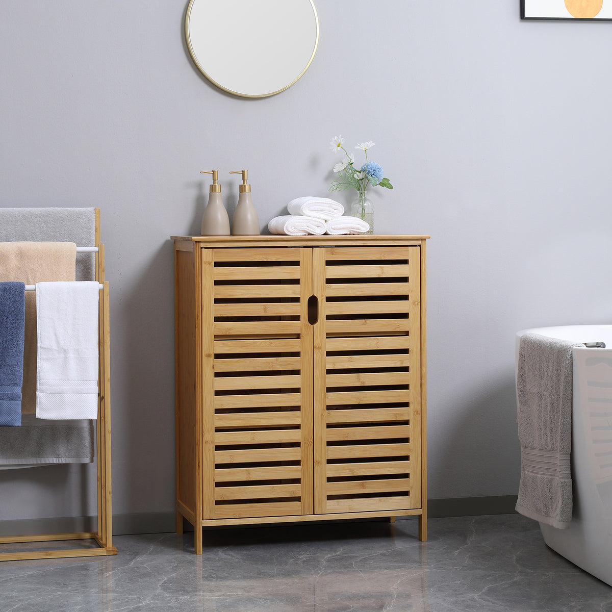 Badezimmerschrank, Bambusschrank mit Lamellendesign f¨¹r Badezimmer, Flur, kompakte Gr??e, viel Stauraum, Naturholz