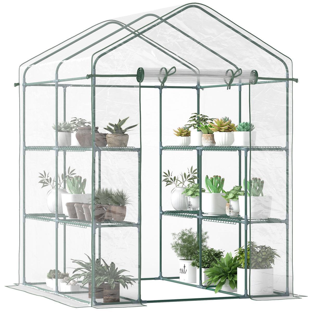  Foliengewächshaus begehbares Gartenhäuschen Tomatengewächshaus Treibhaus Frühbeet mit 6 Regalen Transparent Stahl PVC-Kunststoff 143 x 143 x 195 cm