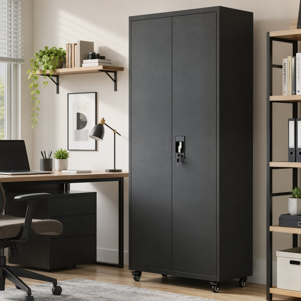 Metal Storage Cabinet, 180 cm Tall Lockable Steel Tool Cabinet with Removable Wheels and Adjustable Shelves, Black